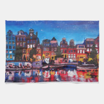 Amsterdam-Skyline mit Kanal nachts