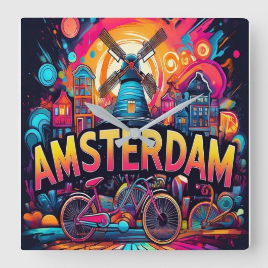 Amsterdam - Stadt der Fahrräder Quadratische Wanduhr (Vorderseite)