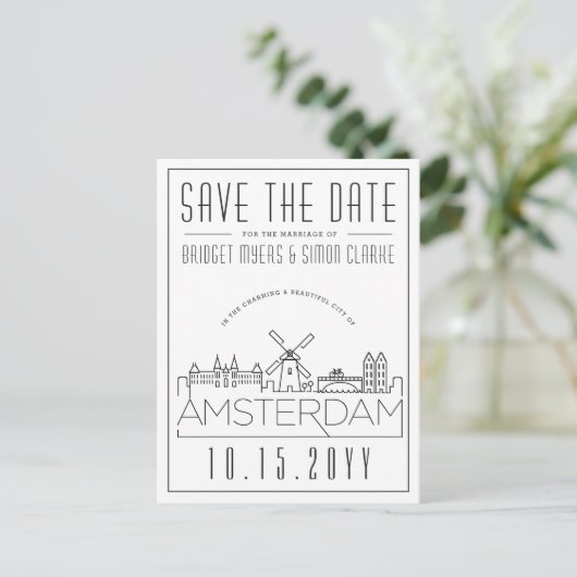 Amsterdam | Stilisierte Skyline Save the Date Postkarte (Stehend Vorderseite)