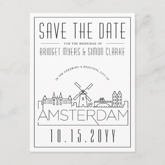 Amsterdam | Stilisierte Skyline Save the Date Postkarte (Vorderseite)