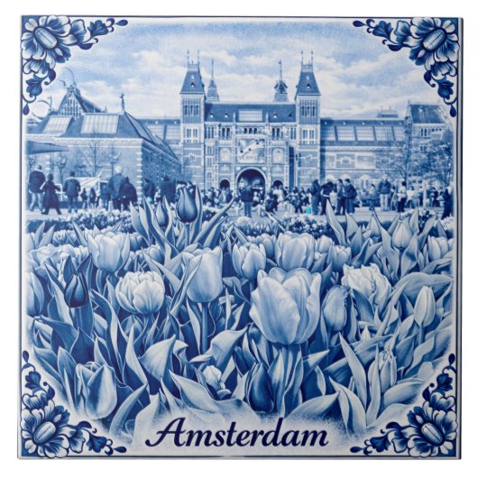 Amsterdam tulips Delft Blue style tile Fliese (Vorderseite)