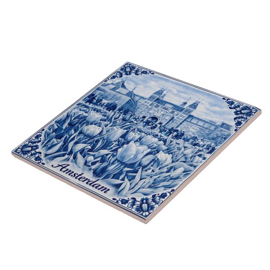 Amsterdam tulips Delft Blue style tile Fliese (Seite)