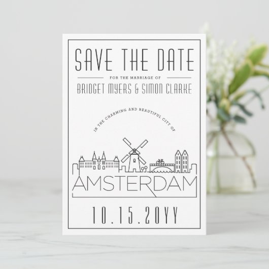 Amsterdam Wedding Stylized Skyline Save the Date Einladung (Stehend Vorderseite)