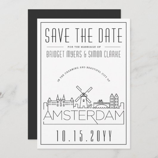 Amsterdam Wedding Stylized Skyline Save the Date Einladung (Vorne/Hinten)