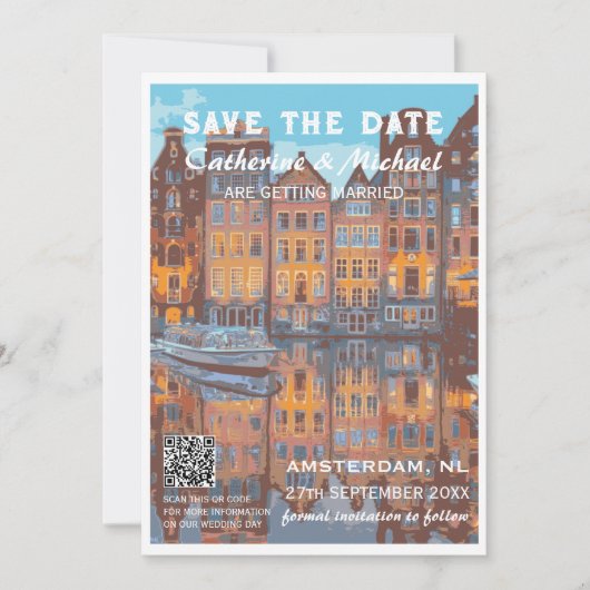 Amsterdam Wedding Travel Poster Style QR Code Save The Date (Vorderseite)