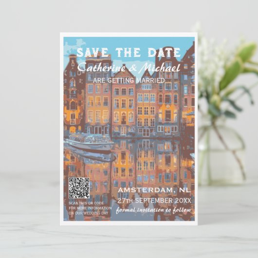 Amsterdam Wedding Travel Poster Style QR Code Save The Date (Stehend Vorderseite)