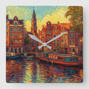 Amsterdamer Kanalhäuser im Stil von van Gogh Quadratische Wanduhr