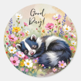An Adorable Skunk Napping in Flowers | Good Day Runder Aufkleber