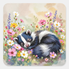 An Adorable Skunk Napping in Flowers Quadratischer Aufkleber