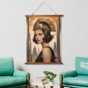 An Art Deco Damsel AI Concept Art by Xzendor7 Wandteppich Mit Holzrahmen