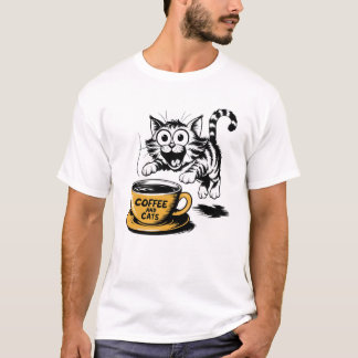 An artistic drawing of a cute cat with a cup of co T-Shirt