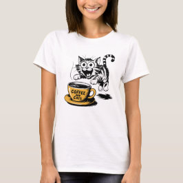 An artistic drawing of a cute cat with a cup of co T-Shirt