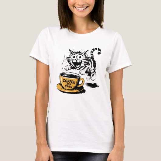An artistic drawing of a cute cat with a cup of co T-Shirt (Vorderseite)