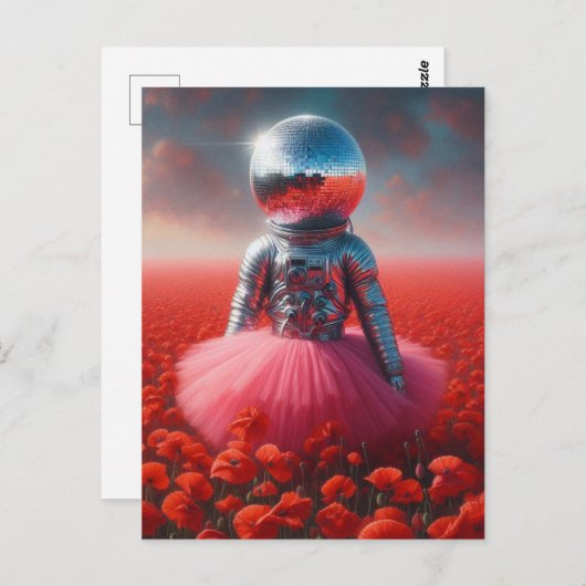 An astronaut in a pink tutu disco ball head postkarte (Vorne/Hinten)