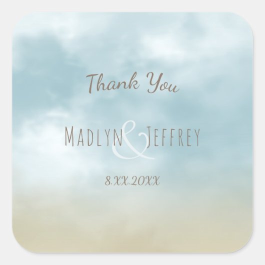 An der Küste Surf Strand Hochzeit danke Quadratischer Aufkleber (Vorderseite)