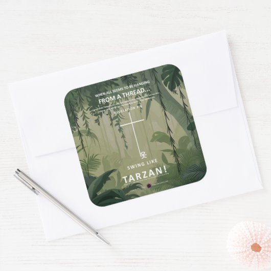 An einem Thread hängen Quadratischer Aufkleber (Umschlag)