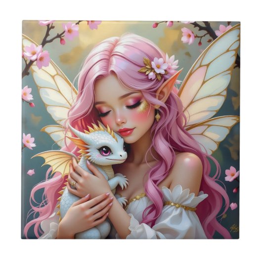 An Elegant Fairy and her Baby Dragon Personalized Fliese (Vorderseite)