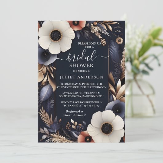 An Hydrangea Metallic Pure Navy Blue Brautparty Einladung (Stehend Vorderseite)