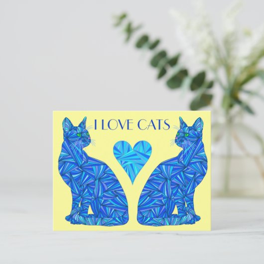 An I Liebe Cats Blue Abstrakt Sitting Cat Postkart Postkarte