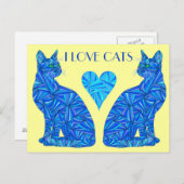 An I Liebe Cats Blue Abstrakt Sitting Cat Postkart Postkarte (Vorne/Hinten)