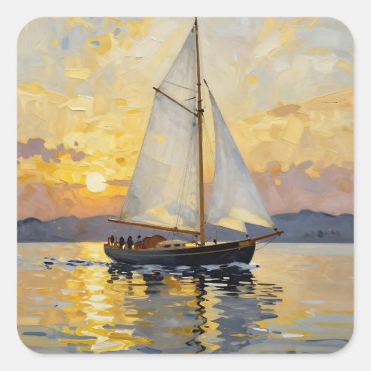 An Impasto Illustration of a Sailboat at Sunset Quadratischer Aufkleber (Vorderseite)