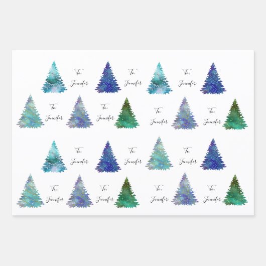 An: Name Cursive farbenfrohe Weihnachtsbäume Geschenkpapier Set (Vorderseite 2)