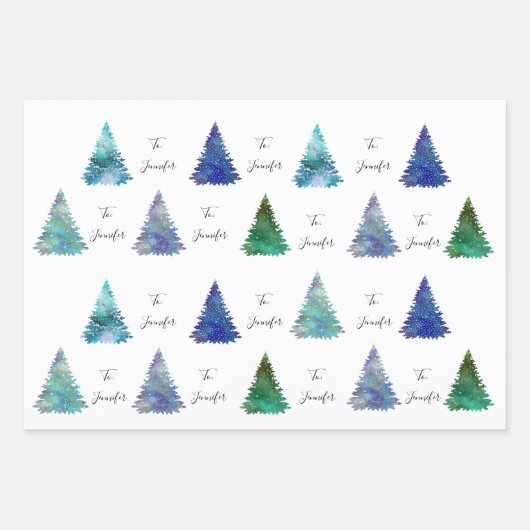 An: Name Cursive farbenfrohe Weihnachtsbäume Geschenkpapier Set (Vorderseite)