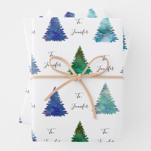 An: Name Cursive farbenfrohe Weihnachtsbäume Geschenkpapier Set (Beispiel)