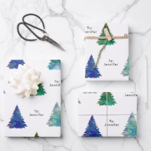 An: Name Drucken Sie farbenfrohe Weihnachtsbäume Geschenkpapier Set
