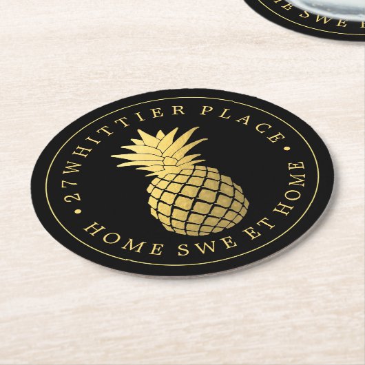 Ananas | Adresse mit Text Runder Pappuntersetzer (Angewinkelt)