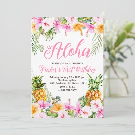 Ananas Aloha Erster Geburtstag Einladung (Stehend Vorderseite)