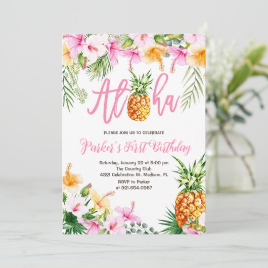 Ananas Aloha Erster Geburtstag Einladung (Stehend Vorderseite)