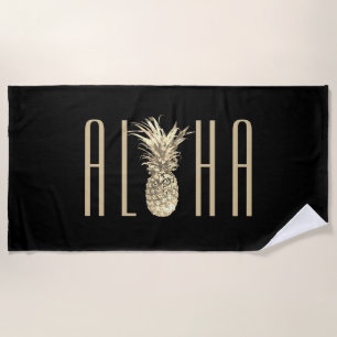 Ananas-Aloha tropisches Goldtypographie-Schwarzes Strandtuch