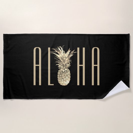 Ananas-Aloha tropisches Goldtypographie-Schwarzes Strandtuch (Vorderseite)