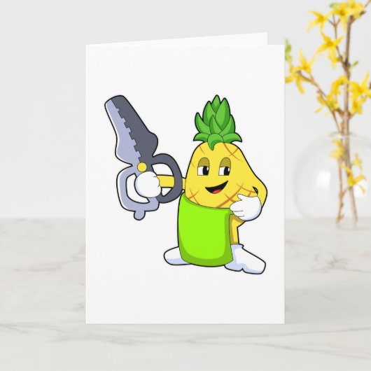 Ananas als Friseur mit Scheren & Razor Karte (Gelbe Blume)