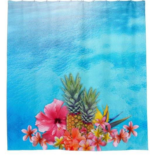 Ananas-Ananas-Ananas Plumeria Blauer Ozean Duschvorhang (Vorderseite)