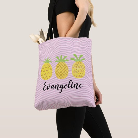 Ananas-Aquarelltrio mit rosa Pinstripe Tasche (Von Nahem)