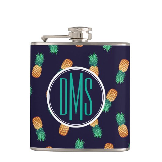 Ananas auf Monogramm der Marine-| Flachmann (Vorderseite)