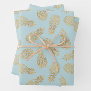Ananas aus Gold auf Blue Geschenkpapier Set