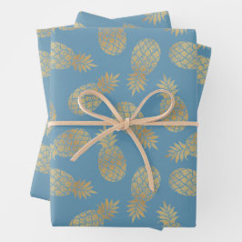 Ananas aus Gold auf Blue Geschenkpapier Set