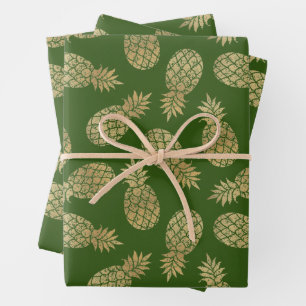Ananas aus Gold auf Grün Geschenkpapier Set