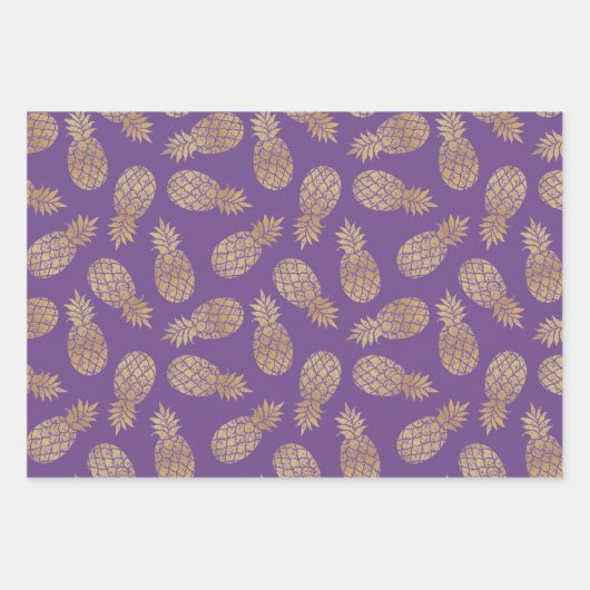 Ananas aus Gold auf Lila Geschenkpapier Set (Vorderseite)
