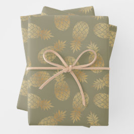 Ananas aus Gold auf Oliven Green Geschenkpapier Set