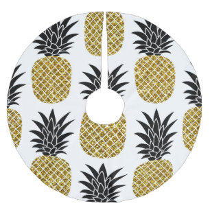 Ananas aus Gold: Von Hand Gezeichnet Weiß nahtlos. Polyester Weihnachtsbaumdecke
