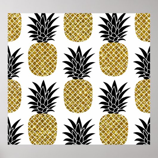 Ananas aus Gold: Von Hand Gezeichnet Weiß nahtlos. Poster (Vorne)