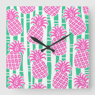 Ananas Bambus Streifen Pink & Green Muster Quadratische Wanduhr