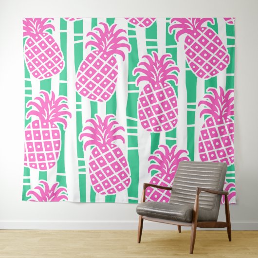 Ananas Bambus Streifen Pink & Green Muster Wandteppich (Beispiel (Horizontal))