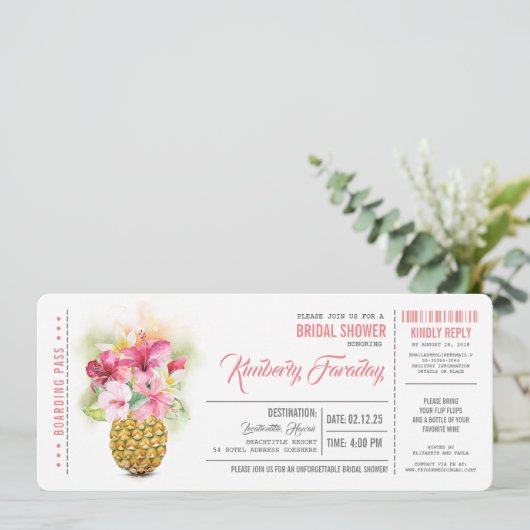 Ananas Beach Boarding Pass Ticket Brautparty Einladung (Stehend Vorderseite)