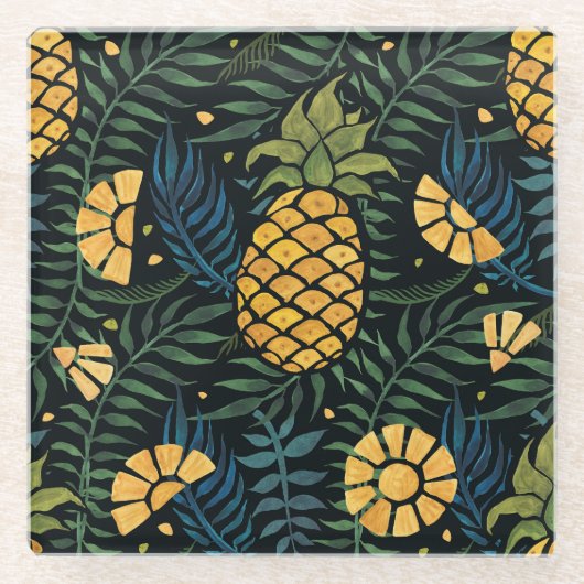 Ananas, Blätter aus Palmen: tropisches Muster. Glasuntersetzer (Vorderseite)