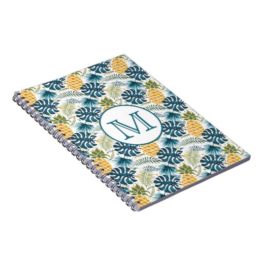 Ananas blaue Palmen Blätter Blattweißes Monogramm Notizblock (Rechte Seite)